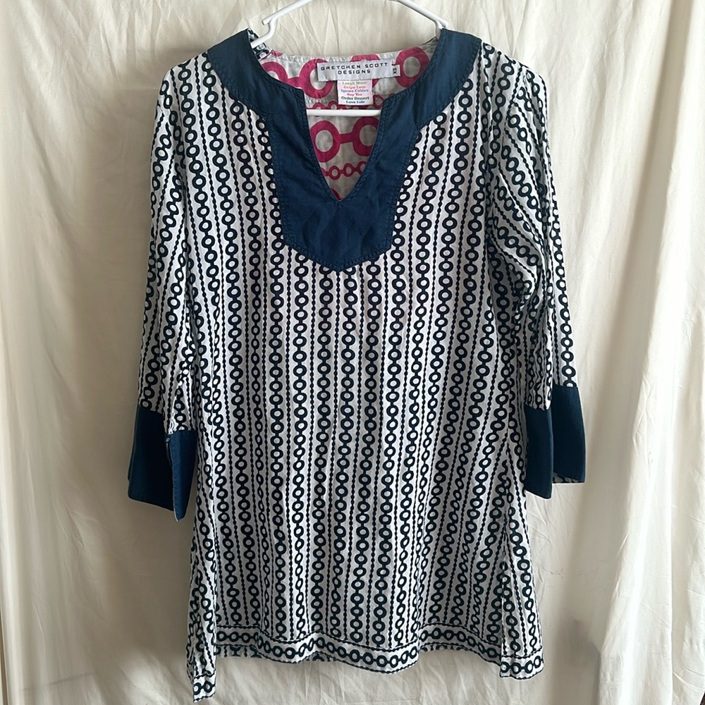 Gretchen Scott Designs women’s size XS 100% Cotton Tunic. White and Navy Blue